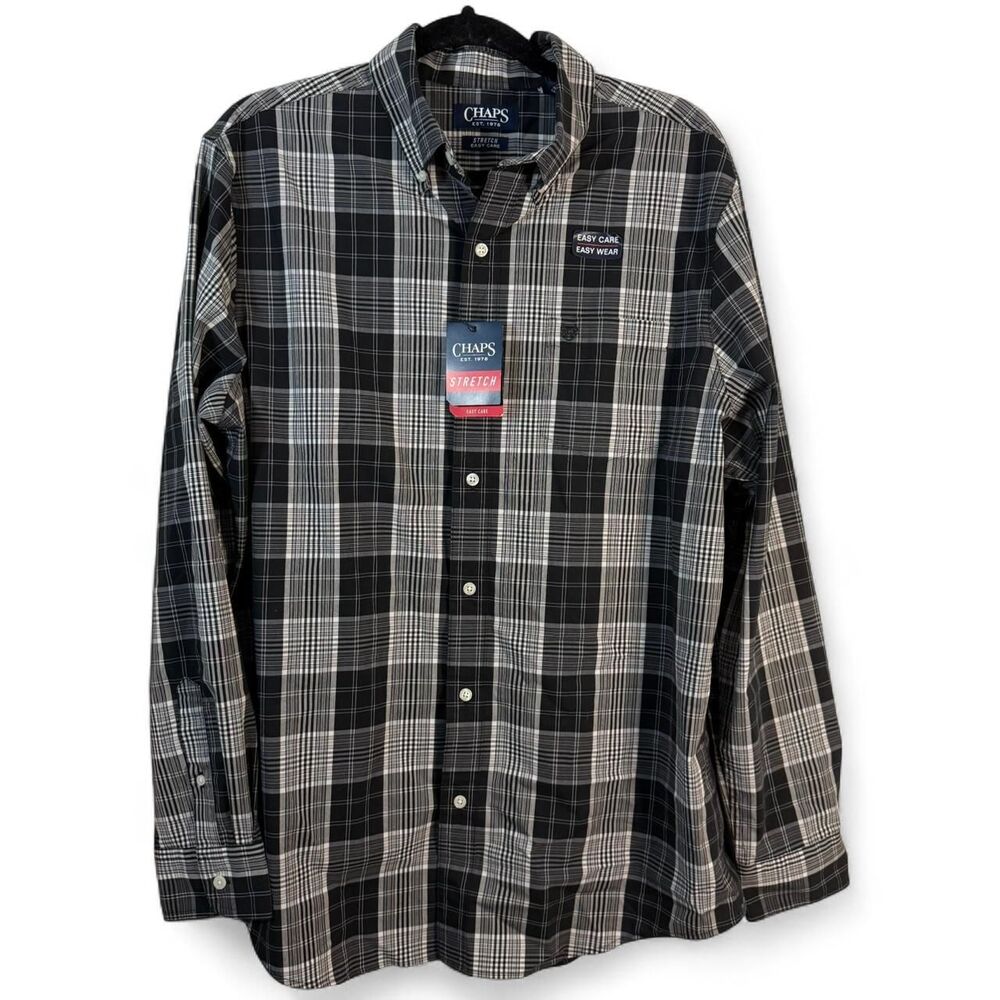 Chaps Men's L Black Plaid Stretch Easy Care Button Down Shirt NWT 730C35